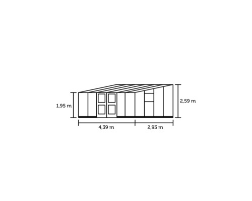 Abbildung der Abmessungen eines Gartenhauses mit Tür und Fenster