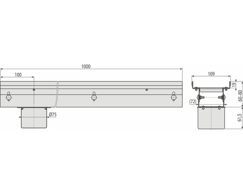 Technische Zeichnung einer Duschrinne mit Maßangaben