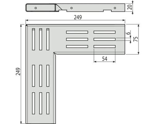 Technische Zeichnung eines Eckverbinders mit Maßangaben