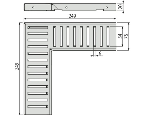 Technische Zeichnung eines Eckstücks für eine Entwässerungsrinne mit Maßangaben