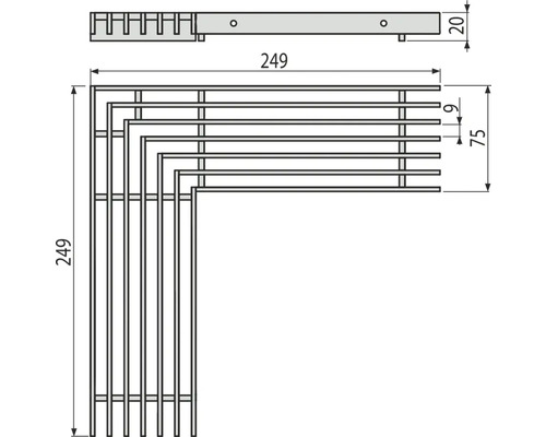 Technische Zeichnung eines Eckregals mit Maßangaben
