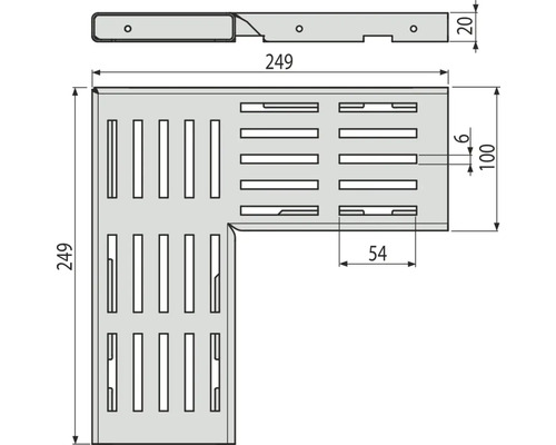 Technische Zeichnung eines Eckstücks mit Abmessungen