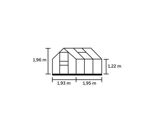 Abmessungen des Gewächshauses: 1,96 m hoch, 1,93 m und 1,95 m breit, 1,22 m Seitenhöhe