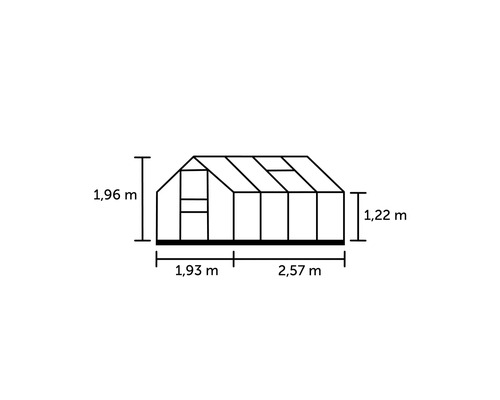 Abbildung der Abmessungen eines Gewächshauses mit einer Höhe von 1,96 Meter, einer Breite von 1,93 Meter und einer Tiefe von 2,57 Meter.