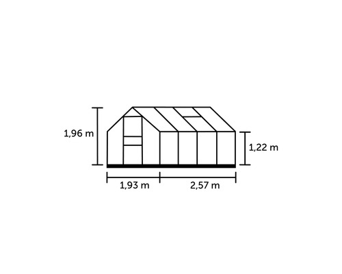 Technische Zeichnung eines Gewächshauses mit den Maßen 1,96 Meter Höhe, 1,93 Meter Breite vorne, 2,57 Meter Breite seitlich und 1,22 Meter Höhe seitlich.