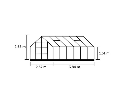 Abbildung der Abmessungen eines Gewächshauses mit den Maßen 2,58 Meter Höhe, 2,57 Meter Länge und 3,84 Meter Länge.