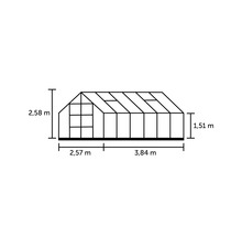 Abmessungen Gewächshaus: 2,58 Meter Höhe, 2,57 Meter und 3,84 Meter Länge, 1,51 Meter Seitenhöhe