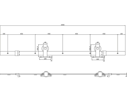 Technische Zeichnung eines Schiebetürsystems mit Maßangaben.