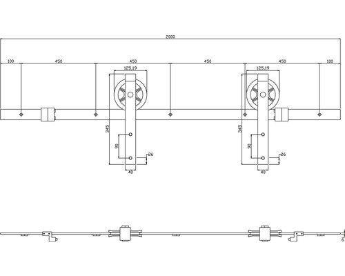 Technische Zeichnung eines Schiebetürbeschlags mit Maßen