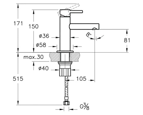 Technische Zeichnung einer Armatur mit Maßangaben