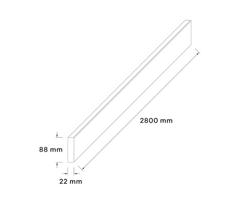 Skizze einer Sockelleiste mit den Maßen 2800 mm Länge, 88 mm Höhe und 22 mm Breite.