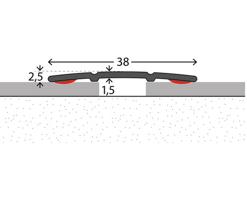 Illustration eines Übergangsprofils mit den Maßen 38 Millimeter Breite, 2,5 Millimeter Höhe und 1,5 Millimeter Tiefe.