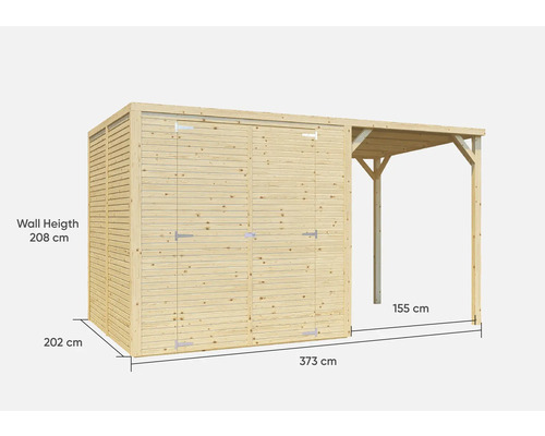 Holzschuppen mit Anbau und Maßangaben