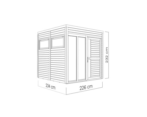 Illustration eines Gartenhauses mit Fenstern, Tür und den Maßen 234 mal 226 mal 232 Zentimeter.