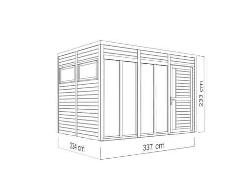 Illustration eines Gartenhauses mit Fenster, Tür und den Maßen 234 mal 337 mal 233 Zentimeter.