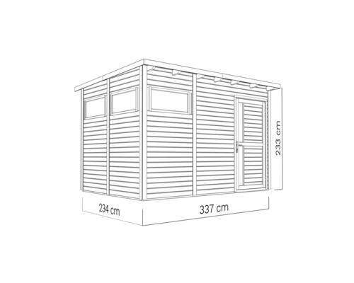 Illustration eines Gartenhauses mit den Maßen 234 mal 337 mal 233 Zentimeter.