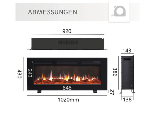 Abmessungen eines elektrischen Kamins mit Angabe der Maße
