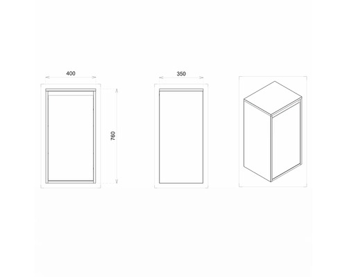 Technische Zeichnung eines Badezimmerschranks mit den Maßen 400 x 350 x 760 mm.