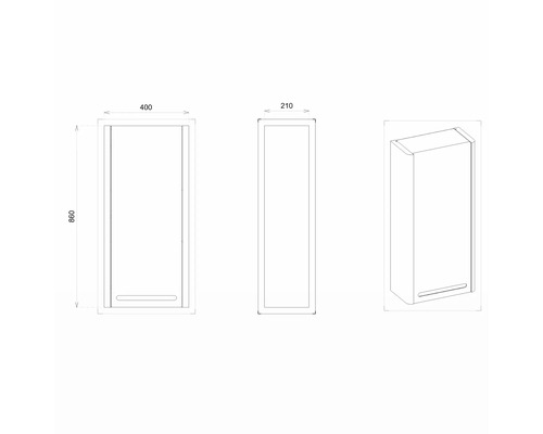 Technische Zeichnung eines Hochschranks mit den Maßen 860x400x210 Millimeter.