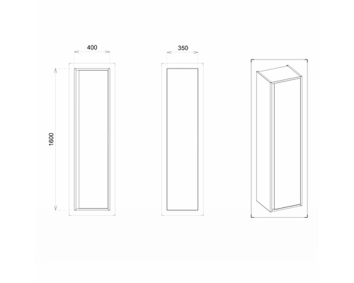 Technische Zeichnung eines Badezimmerschranks mit den Maßen 1600 x 400 x 350 Millimeter