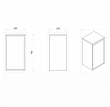 Technische Zeichnung eines Badezimmerschranks mit den Maßen 400 x 350 x 760 Millimeter.