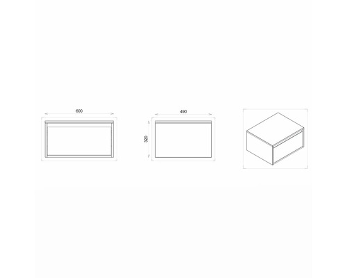 Technische Zeichnung eines Waschtischunterschranks mit Maßangaben