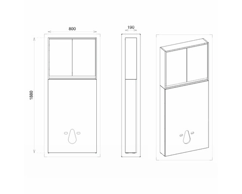 Zeichnung eines Waschbeckens mit Schrank und Abmessungen
