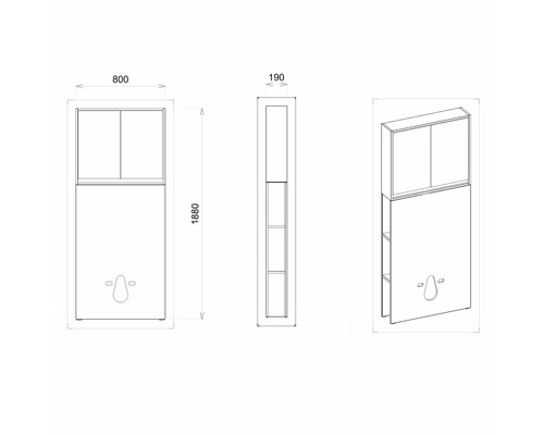 Technische Zeichnung eines Waschtischunterschranks mit den Maßen 800 x 1880 x 190 Millimeter.