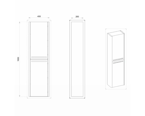 Zeichnung eines Badezimmer-Hochschranks mit den Maßen 450 mm Breite, 260 mm Tiefe und 1650 mm Höhe.