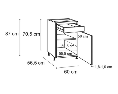 Abbildung eines Küchenunterschranks mit Schublade und Regal, Maße sind angegeben