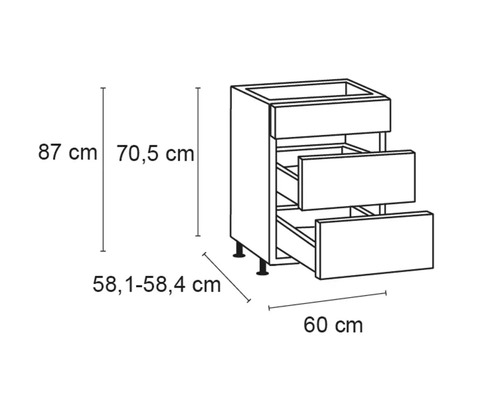 Zeichnung eines Küchenunterschranks mit drei Schubladen und Maßangaben