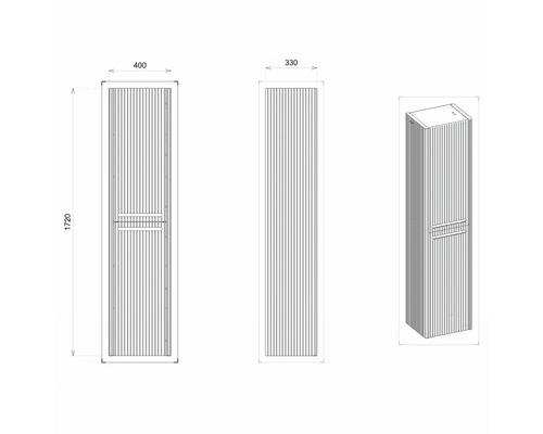 Technische Zeichnung eines Badezimmer-Hochschranks mit den Maßen 1720 x 400 x 330 mm.