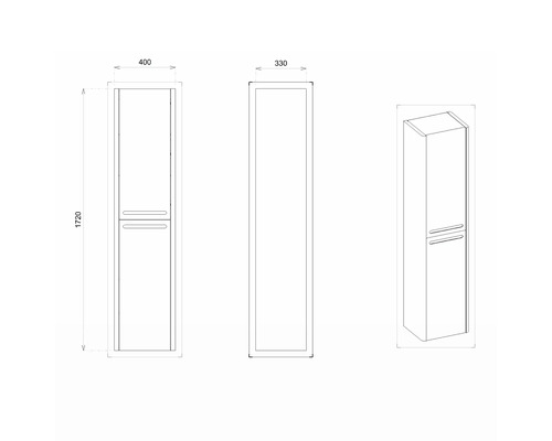 Technische Zeichnung eines Badezimmer-Hochschranks mit den Maßen 400 x 330 x 1720 mm.
