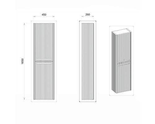 Technische Zeichnung eines Badezimmer-Hochschranks mit den Maßen 1650 x 450 x 260 mm.