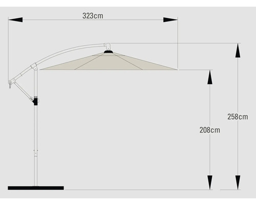 Technische Zeichnung eines Sonnenschirms mit den Maßen 323 cm Breite und 258 cm Höhe