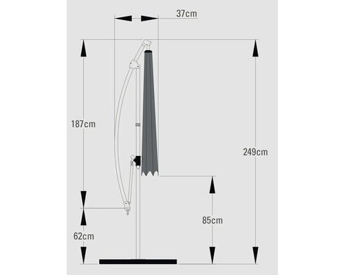 Technische Zeichnung eines Sonnenschirms mit Maßangaben