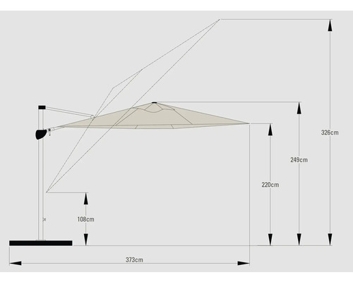 Maßzeichnung eines Sonnenschirms mit seitlichem Mast, Abmessungen in Zentimetern