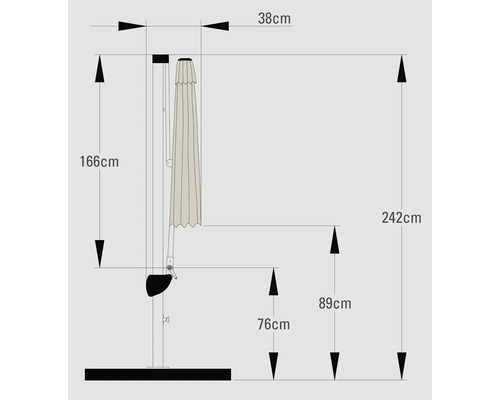Abmessungen eines Sonnenschirms: 242 cm hoch, 38 cm breit, 166 cm bis zum Schirmende und 76 cm bis zum unteren Ende der Aufhängung