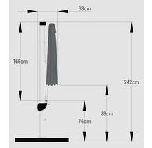 Technische Zeichnung eines Sonnenschirms mit Höhen- und Breitenangaben.