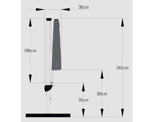 Technische Zeichnung eines Sonnenschirms mit Höhen- und Breitenangaben.
