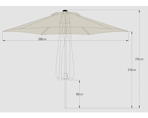 Technische Zeichnung eines Sonnenschirms mit Maßangaben.
