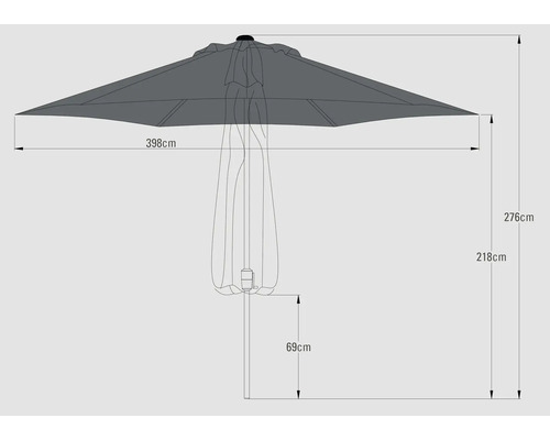Technische Zeichnung eines Sonnenschirms mit Maßangaben: 398 cm Breite, 276 cm Höhe, 218 cm Höhe bis zum Schirmdach und 69 cm Höhe des Fußes.