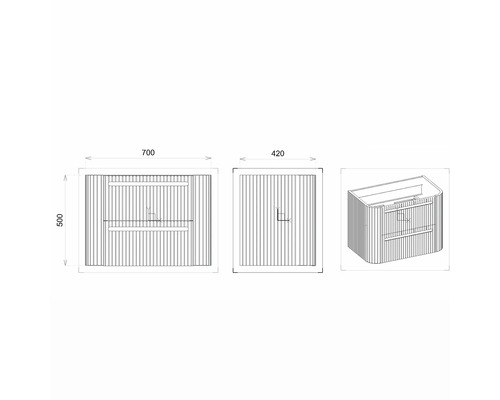 Technische Zeichnung eines Waschtischunterschranks mit den Maßen 700 x 500 x 420 mm.