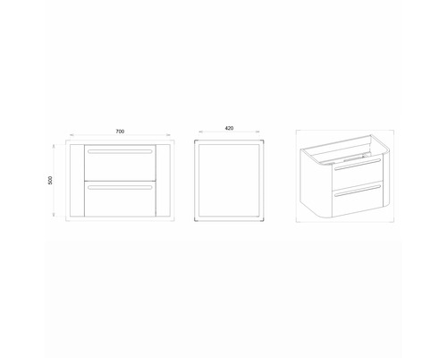 Technische Zeichnung eines Waschtischunterschranks mit zwei Schubladen und Maßangaben