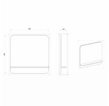 Technische Zeichnung eines Spiegels mit Ablage und den Maßen 860 x 860 x 140 mm.