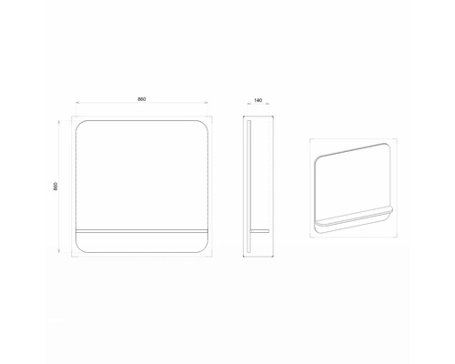 Technische Zeichnung eines Spiegels mit Ablage und den Maßen 860 x 860 x 140 Millimeter.