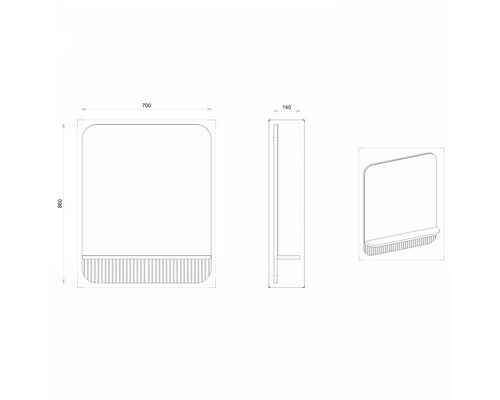 Technische Zeichnung eines Spiegelschranks mit den Maßen 700 x 860 x 140 mm.