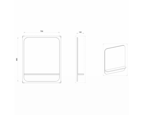 Technische Zeichnung eines Spiegels mit Ablage und den Maßen 700 x 860 x 140 mm.