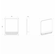 Technische Zeichnung eines rechteckigen Spiegels mit Ablage und abgerundeten Ecken mit den Maßen 700 x 860 x 140 Millimeter.