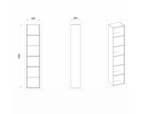 Technische Zeichnung eines Regals mit fünf Fächern, Maße: 1860 x 380 x 280 Millimeter.